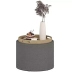 Pouf Contenitore Rotondo con Coperchio a Ribalta e Rivestimento Effetto Lino