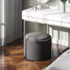 Pouf Contenitore Rotondo con Coperchio a Ribalta e Rivestimento Effetto Lino