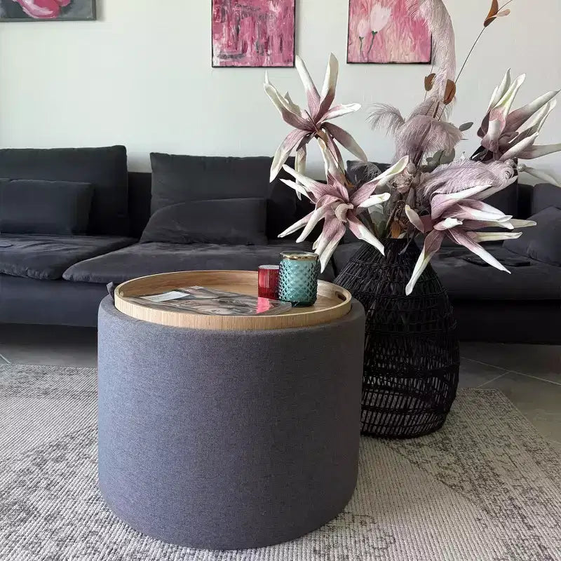 Pouf Contenitore Rotondo con Coperchio a Ribalta e Rivestimento Effetto Lino
