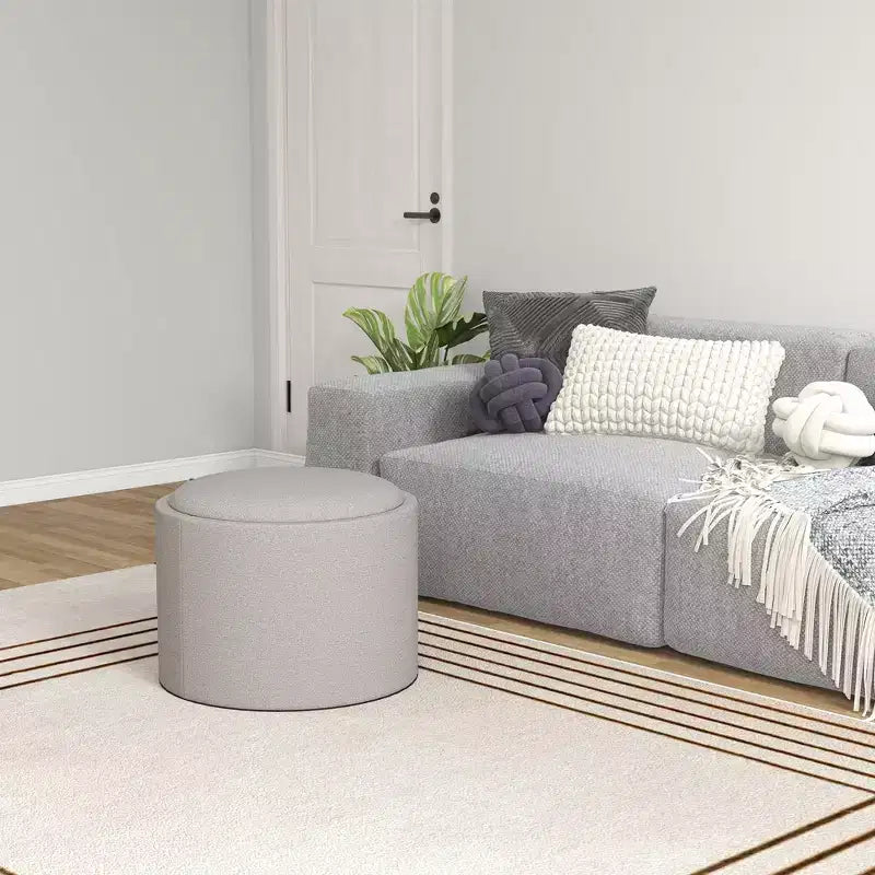 Pouf Contenitore Rotondo con Coperchio a Ribalta e Rivestimento Effetto Lino