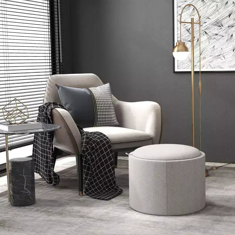 Pouf Contenitore Rotondo con Coperchio a Ribalta e Rivestimento Effetto Lino