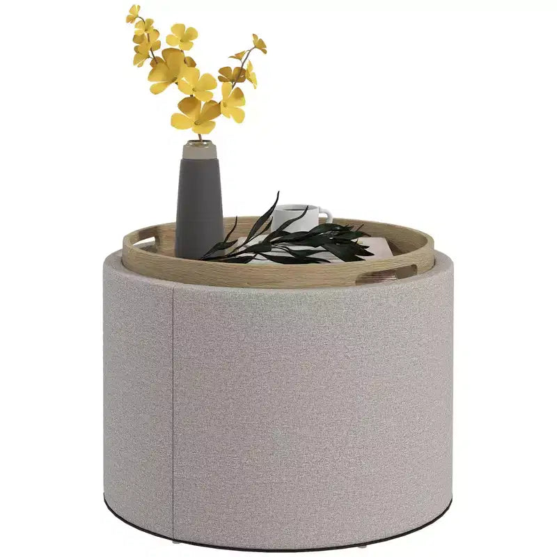 Pouf Contenitore Rotondo con Coperchio a Ribalta e Rivestimento Effetto Lino