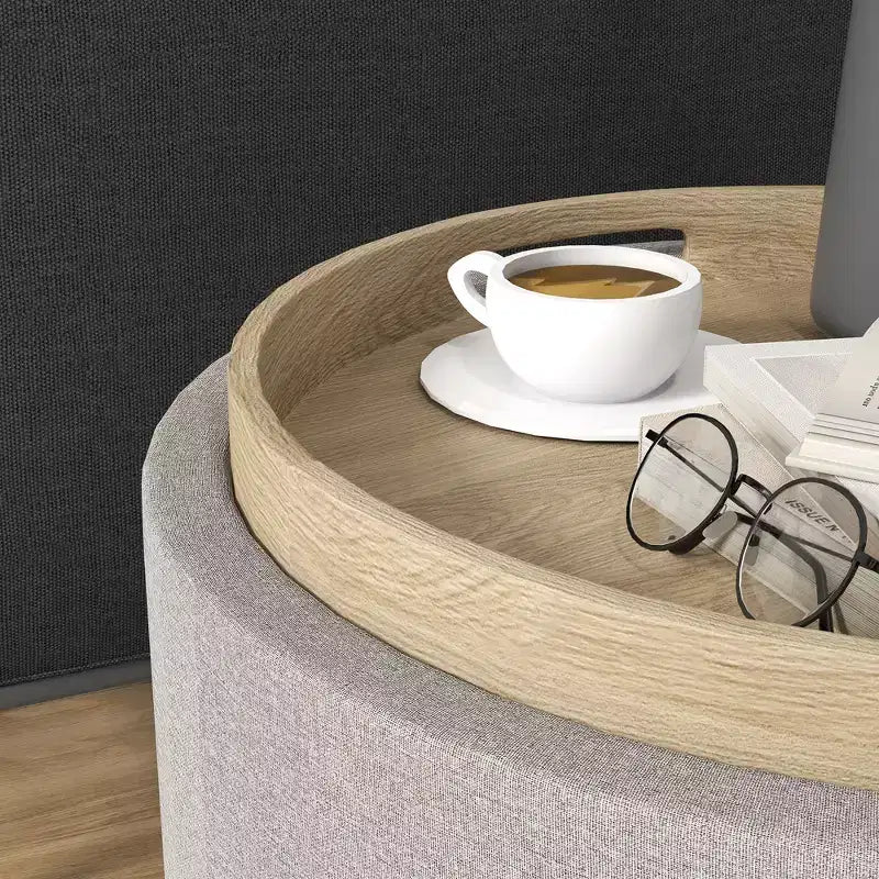 Pouf Contenitore Rotondo con Coperchio a Ribalta e Rivestimento Effetto Lino