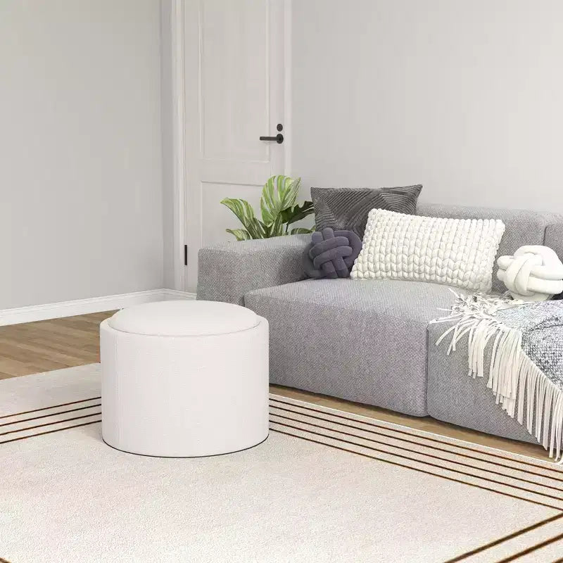 Pouf Contenitore Rotondo con Coperchio a Ribalta e Rivestimento Effetto Lino