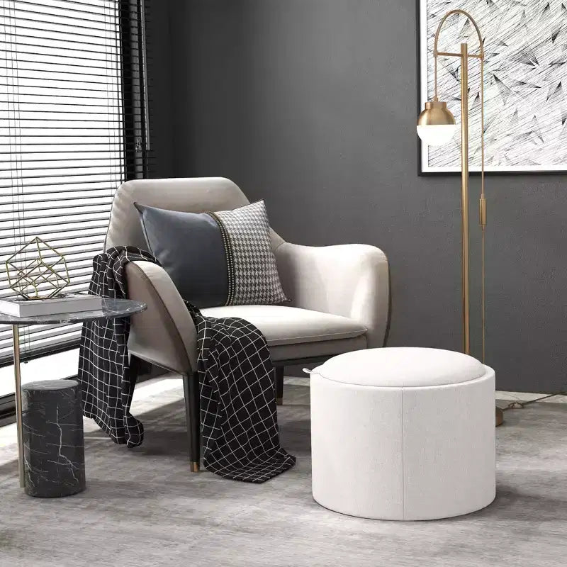 Pouf Contenitore Rotondo con Coperchio a Ribalta e Rivestimento Effetto Lino