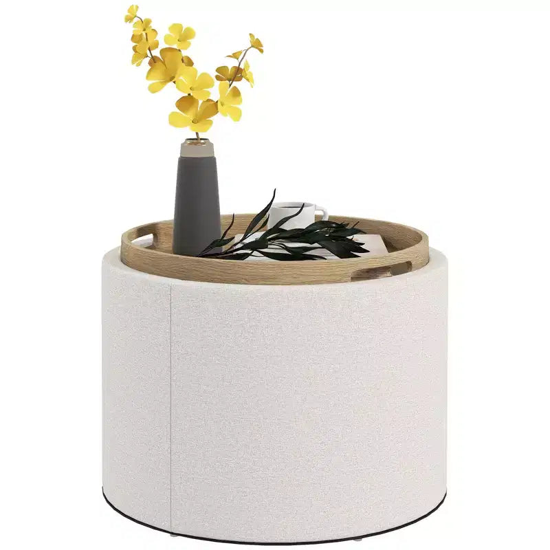 Pouf Contenitore Rotondo con Coperchio a Ribalta e Rivestimento Effetto Lino