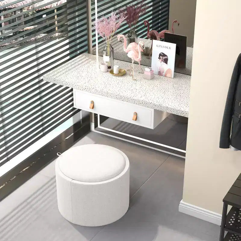 Pouf Contenitore Rotondo con Coperchio a Ribalta e Rivestimento Effetto Lino