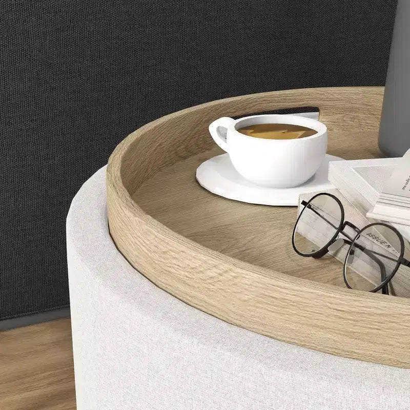 Pouf Contenitore Rotondo con Coperchio a Ribalta e Rivestimento Effetto Lino