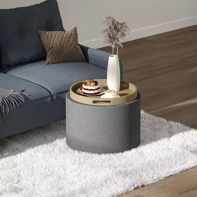 Pouf Contenitore Rotondo con Coperchio a Ribalta e Rivestimento Effetto Lino