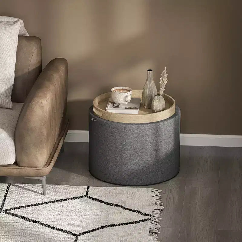Pouf Contenitore Rotondo con Coperchio a Ribalta e Rivestimento Effetto Lino
