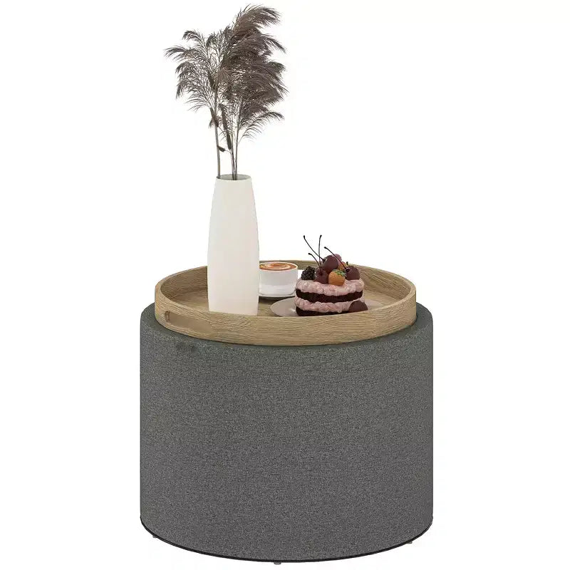 Pouf Contenitore Rotondo con Coperchio a Ribalta e Rivestimento Effetto Lino
