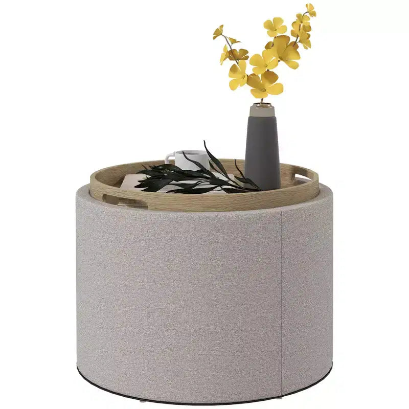 Pouf Contenitore Rotondo con Coperchio a Ribalta e Rivestimento Effetto Lino