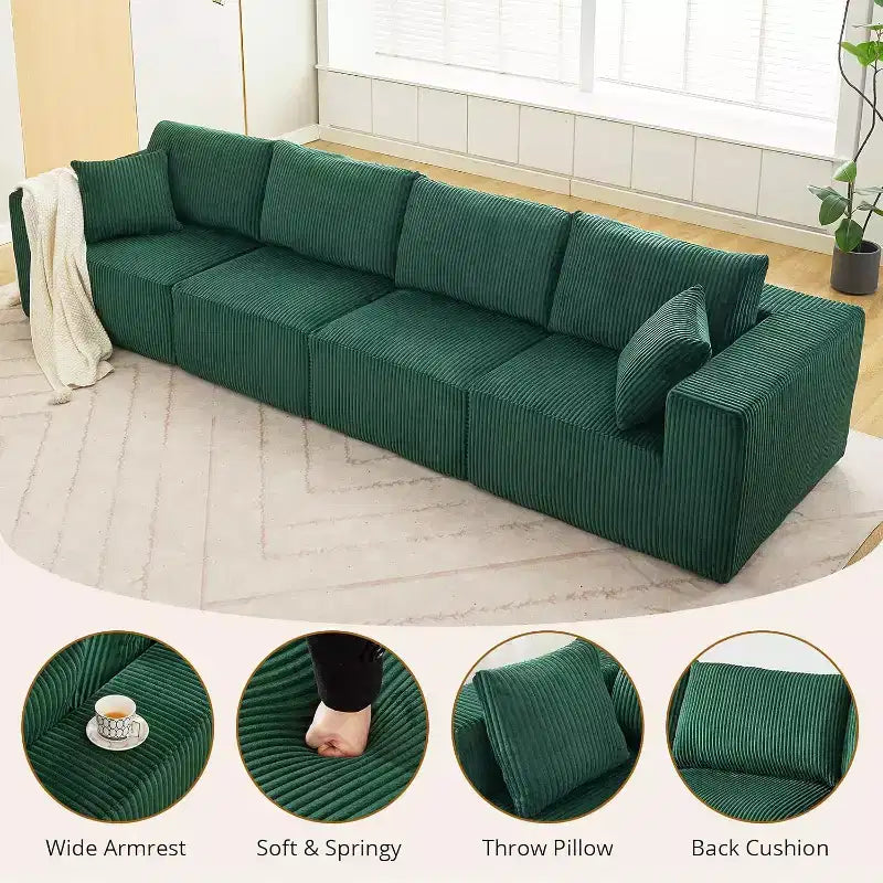 Divano Sezionale Modulare a 4 Posti con Chaise Longue, Tessuto in Velluto a Coste, Trasformabile in Letto, Nessun Montaggio Richiesto