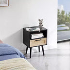 Tavolino finale in rattan con cassetto e gambe in legno massello, Tavolino per soggiorno o camera da letto, Nero