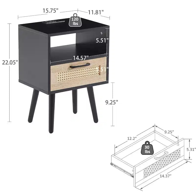 Tavolino finale in rattan con cassetto e gambe in legno massello, Tavolino per soggiorno o camera da letto, Nero