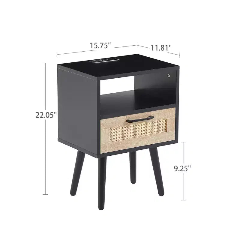 Tavolino finale in rattan con cassetto e gambe in legno massello, Tavolino per soggiorno o camera da letto, Nero