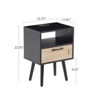 Tavolino finale in rattan con cassetto e gambe in legno massello, Tavolino per soggiorno o camera da letto, Nero