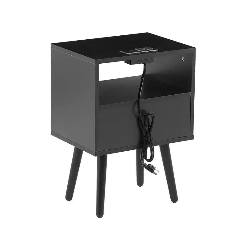 Tavolino finale in rattan con cassetto e gambe in legno massello, Tavolino per soggiorno o camera da letto, Nero