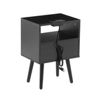 Tavolino finale in rattan con cassetto e gambe in legno massello, Tavolino per soggiorno o camera da letto, Nero