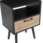 Tavolino finale in rattan con cassetto e gambe in legno massello, Tavolino per soggiorno o camera da letto, Nero