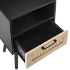 Tavolino finale in rattan con cassetto e gambe in legno massello, Tavolino per soggiorno o camera da letto, Nero