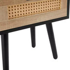 Tavolino finale in rattan con cassetto e gambe in legno massello, Tavolino per soggiorno o camera da letto, Nero