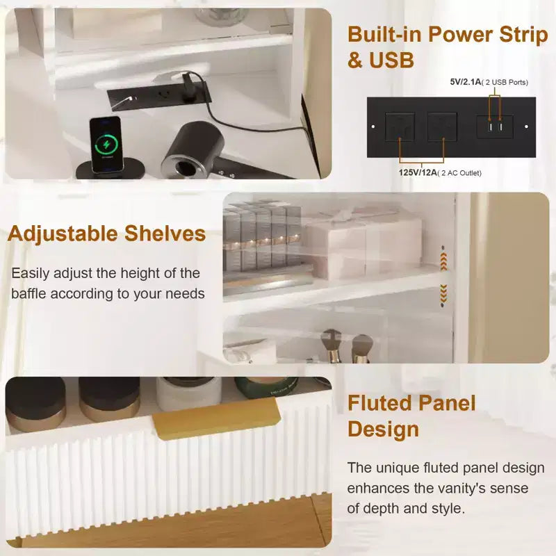 Toeletta con Specchio Illuminato, 5 Cassetti, Armadietto con Anta in Vetro e Prese Elettriche Integrate