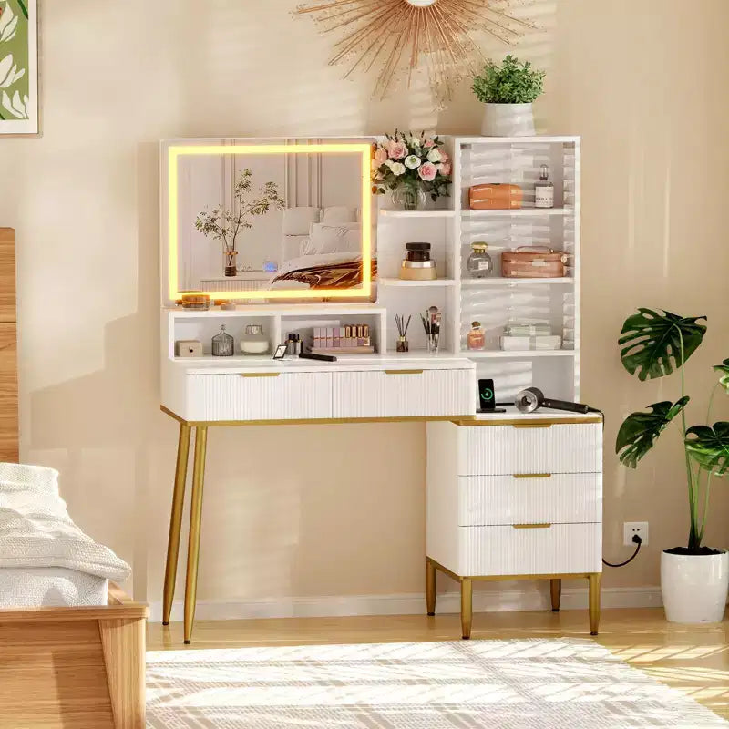 Toeletta con Specchio Illuminato, 5 Cassetti, Armadietto con Anta in Vetro e Prese Elettriche Integrate