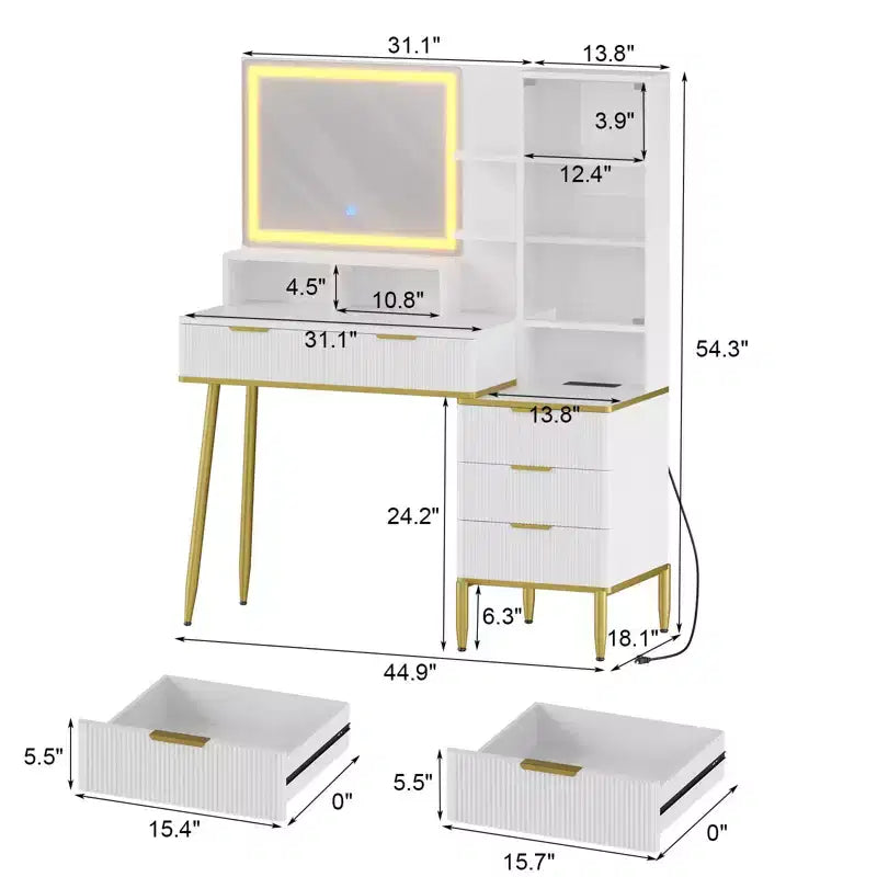 Toeletta con Specchio Illuminato, 5 Cassetti, Armadietto con Anta in Vetro e Prese Elettriche Integrate