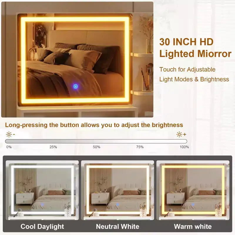 Toeletta con Specchio Illuminato, 5 Cassetti, Armadietto con Anta in Vetro e Prese Elettriche Integrate