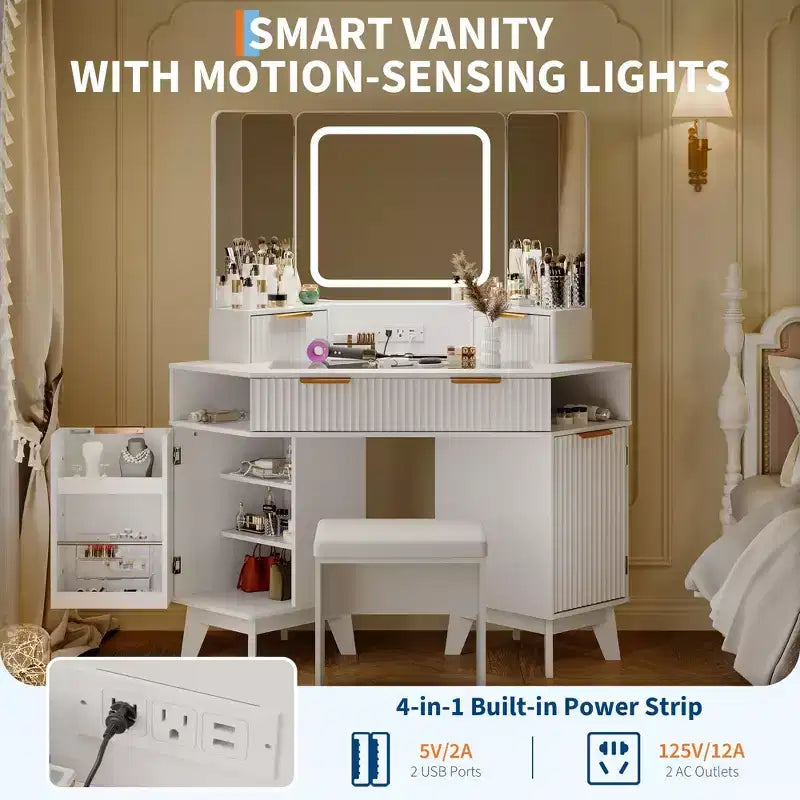 Mobile da trucco ad angolo con specchio LED, piano in vetro e sgabello