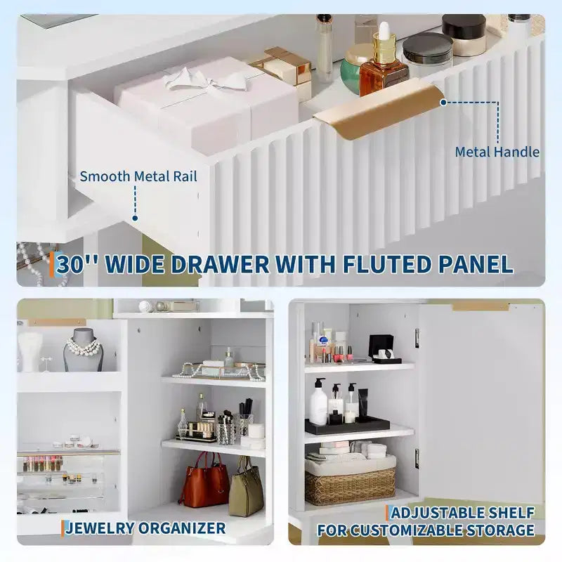 Mobile da trucco ad angolo con specchio LED, piano in vetro e sgabello