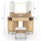 Mobile da trucco ad angolo con specchio LED, piano in vetro e sgabello