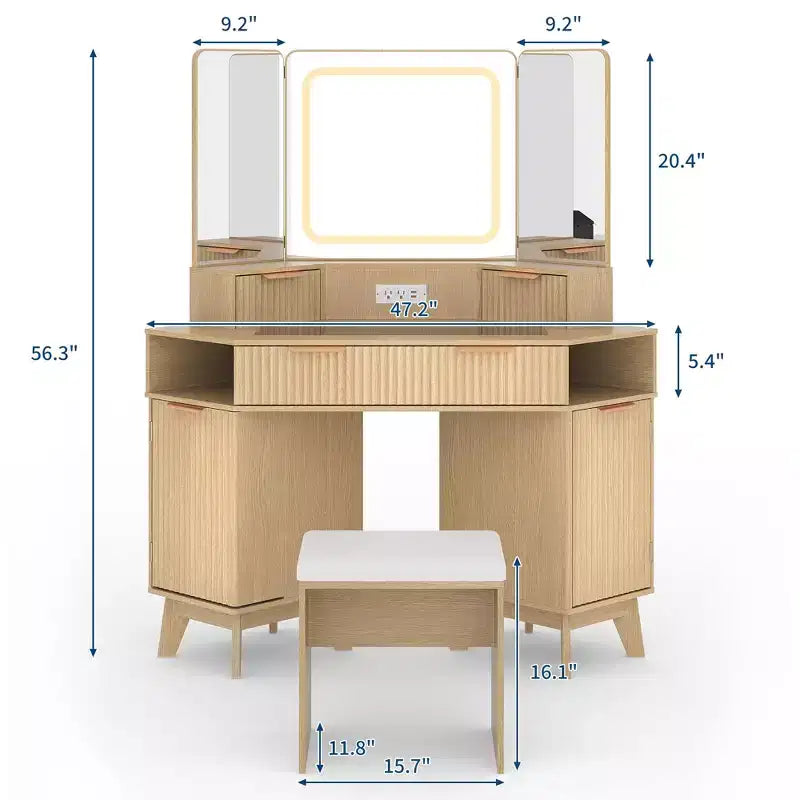 Mobile da trucco ad angolo con specchio LED, piano in vetro e sgabello