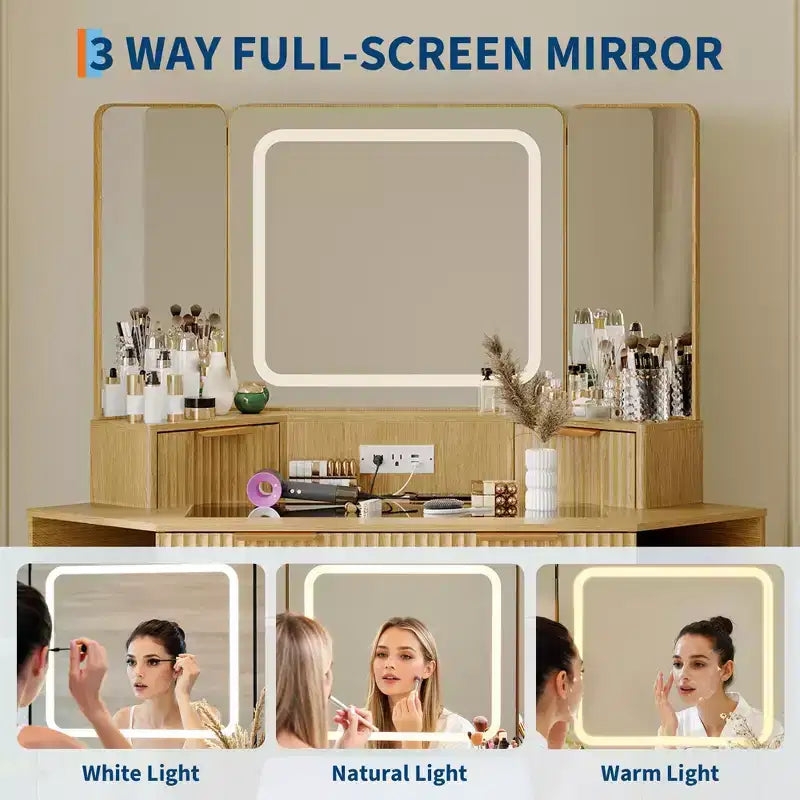 Mobile da trucco ad angolo con specchio LED, piano in vetro e sgabello