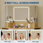 Mobile da trucco ad angolo con specchio LED, piano in vetro e sgabello