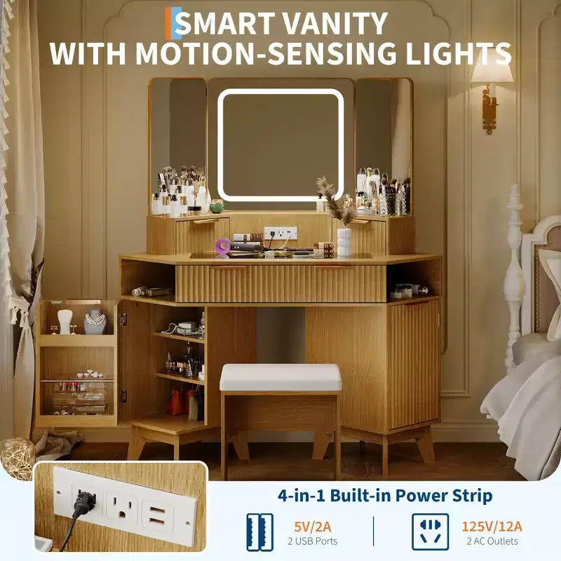 Mobile da trucco ad angolo con specchio LED, piano in vetro e sgabello