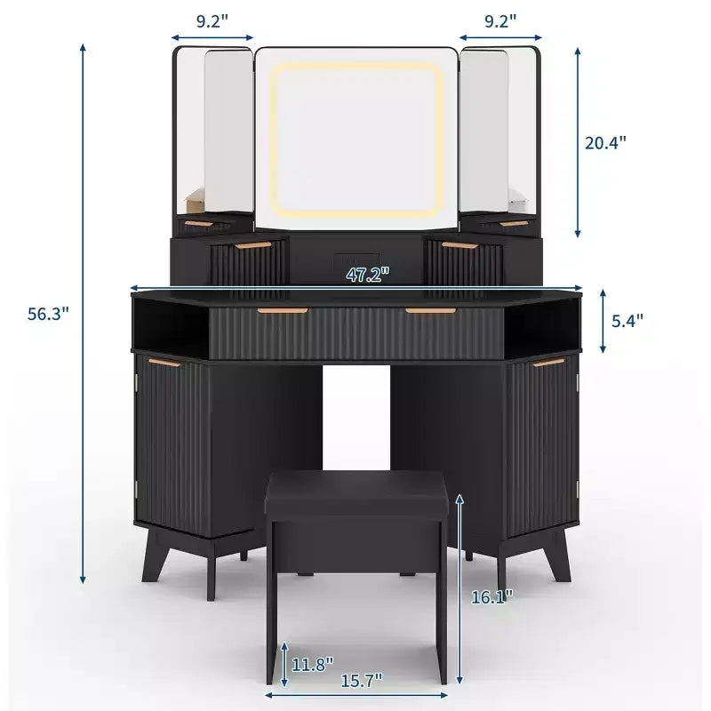 Mobile da trucco ad angolo con specchio LED, piano in vetro e sgabello