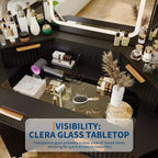Mobile da trucco ad angolo con specchio LED, piano in vetro e sgabello