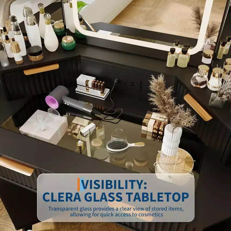 Mobile da trucco ad angolo con specchio LED, piano in vetro e sgabello