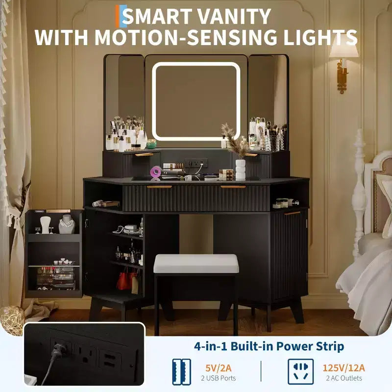 Mobile da trucco ad angolo con specchio LED, piano in vetro e sgabello