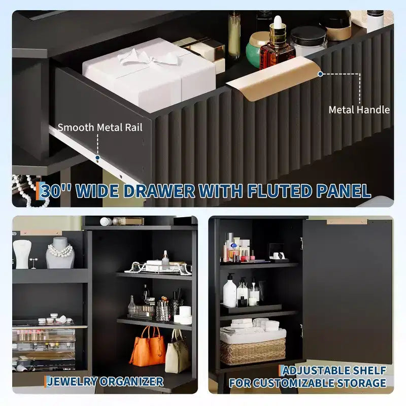 Mobile da trucco ad angolo con specchio LED, piano in vetro e sgabello