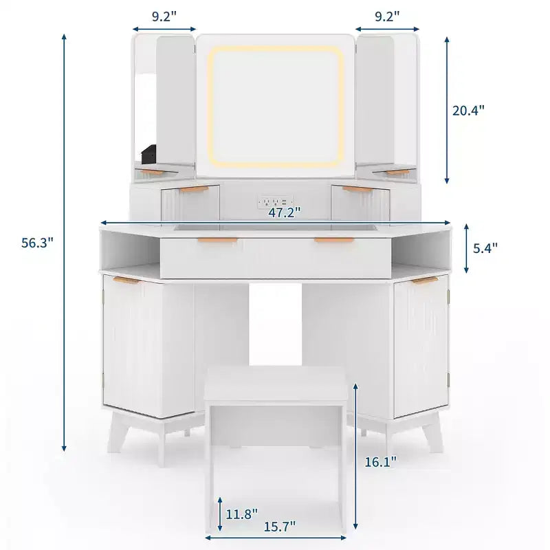 Mobile da trucco ad angolo con specchio LED, piano in vetro e sgabello