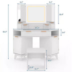 Mobile da trucco ad angolo con specchio LED, piano in vetro e sgabello