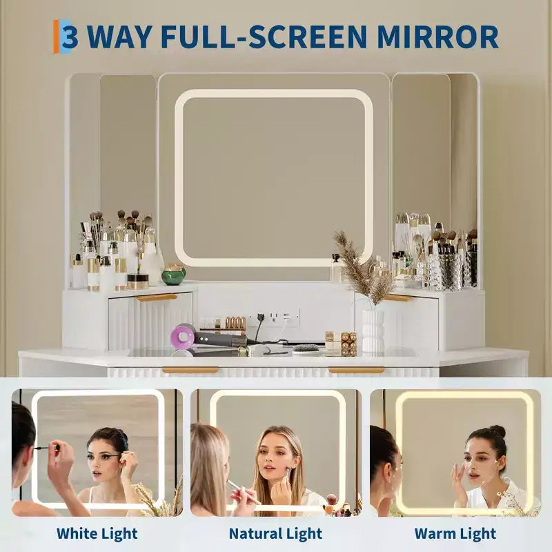 Mobile da trucco ad angolo con specchio LED, piano in vetro e sgabello