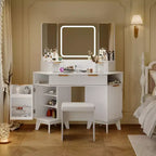 Mobile da trucco ad angolo con specchio LED, piano in vetro e sgabello