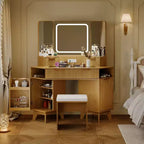 Mobile da trucco ad angolo con specchio LED, piano in vetro e sgabello
