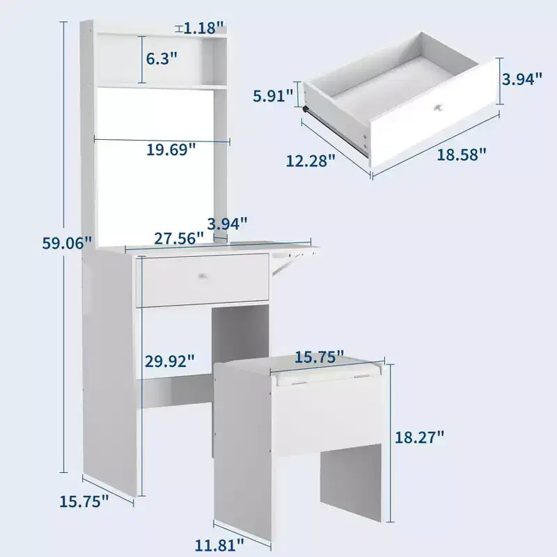 Scrivania Trucco con Specchio, Tavolo Portaoggetti da 150 cm con Luci LED, Presa Elettrica e Sgabello, Bianco