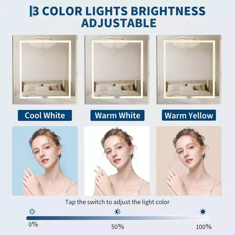 Scrivania Trucco con Specchio, Tavolo Portaoggetti da 150 cm con Luci LED, Presa Elettrica e Sgabello, Bianco