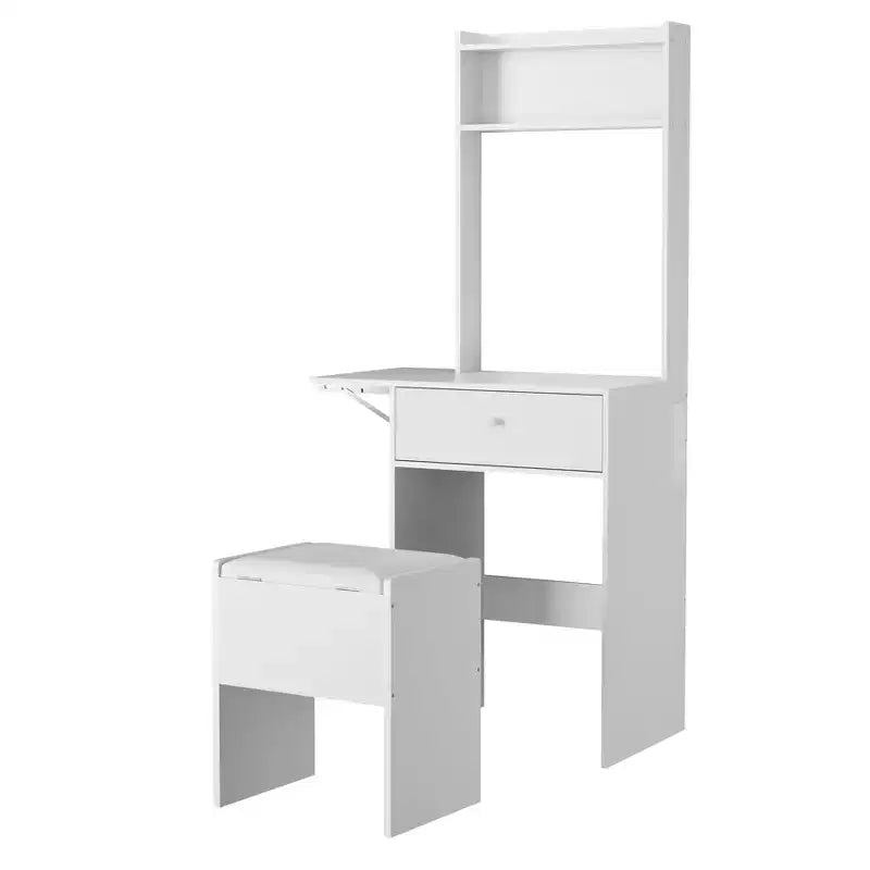 Scrivania Trucco con Specchio, Tavolo Portaoggetti da 150 cm con Luci LED, Presa Elettrica e Sgabello, Bianco